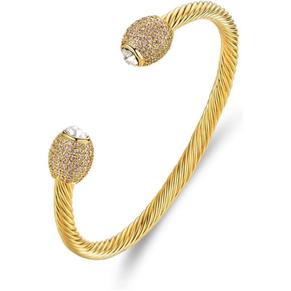 18K Gold Plated Crystal Cable Bangle Bracelet For Women - Cuff Bangle Bracelet - Picture 1 of 7